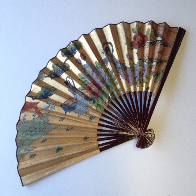 FAN, Asian Style - Gold w Painted Ladies & Flowers 110cm